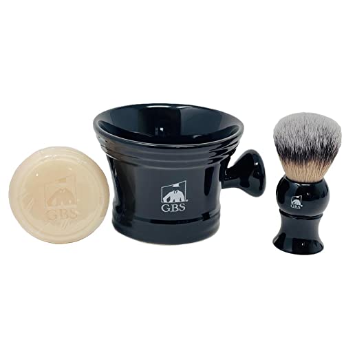 G.B.S Men’s Wet Shaving Black Set – Pack of 3 Piece- Synthetic Hair Shaving Brush, Ceramic Mug and 97% All Natural Shaving Soap Compliments for any Shaving Razor