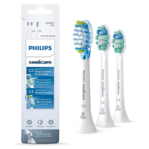 Philips Sonicare Genuine Toothbrush Head Variety Pack, C3 Premium Plaque Control and C2 Optimal Plaque Control, 3 Brush Heads, White, HX9023/69