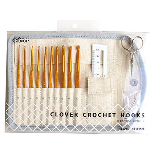 Clover 43-405 Crochet Hook Set, 10 Pieces, 3 Pieces, Mini Scissors, Knit Gauge, Crochet Case