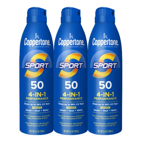 Coppertone SPORT Sunscreen Spray SPF 50, Water Resistant Spray Sunscreen, Broad Spectrum SPF 50 Sunscreen, Bulk Sunscreen Pack, 5.5 Oz Spray, Pack of 3