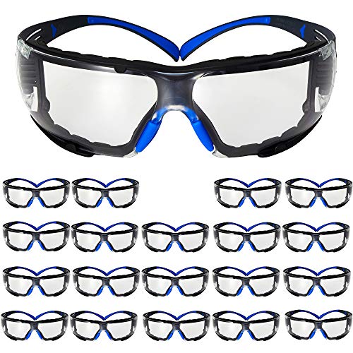 3M Safety Glasses, SecureFit, 20 Pack, ANSI Z87, Scotchgard Anti-Fog Anti-Scratch Clear Lens, Blue/Gray Frame, Removable Foam Gasket, Flexible Temples