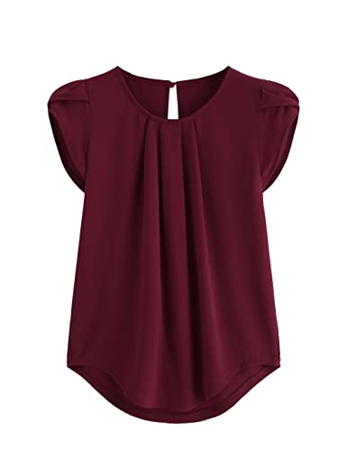 Milumia Women’s Casual Round Neck Basic Pleated Top Cap Sleeve Curved Keyhole Back Blouse Burgundy Small