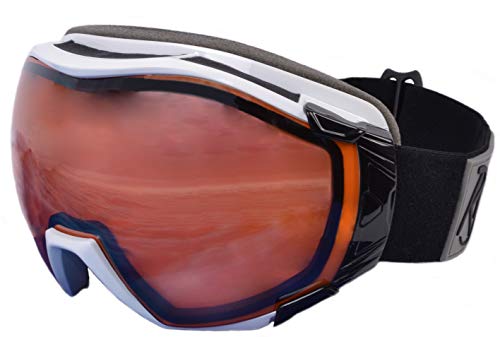 Rapid Eyewear Tahko SKI and SNOWBOARD GOGGLES TO WEAR OVER GLASSES for Men and Women. Mirrored UV Double Lens Anti Fog System. OTG Fit Over Your Spectacles. Black – White & Orange Mirror Lenses