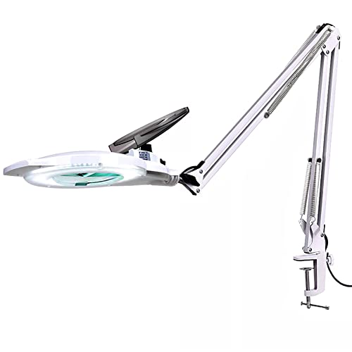 KIRKAS 10X LED Magnifying Lamp with Clamp, 2,200 Lumens Dimmable Super Bright Daylight Magnifying Glass with Light and Stand, Adjustable Swivel Arm Magnifier lamp for Reading Repair Crafts-White