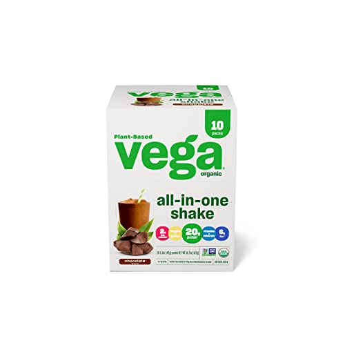 Vega Organic All-in-One Vegan Protein Powder Chocolate (10 Sachets) Superfood Ingredients, Vitamins for Immunity Support, Keto Friendly, Pea Protein for Women & Men, 14.7oz (Packaging May Vary)