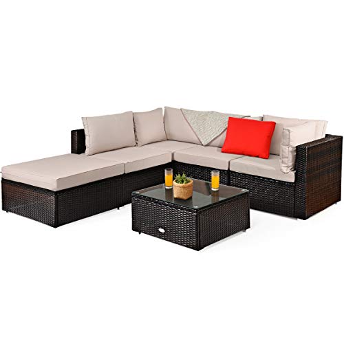 Tangkula 6 Piece Patio Furniture Set, Outdoor Deck Lawn Backyard Durable Steel Frame PE Rattan Wicker Sectional Sofa Set, Conversation Set with Coffee Table (Beige)