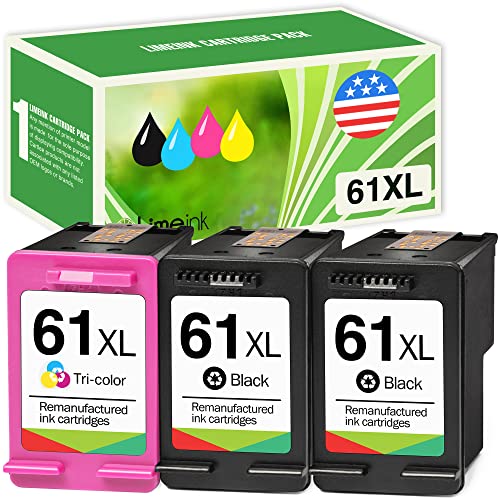 Limeink 3 Remanufactured Ink Cartridge Replacement 61XL High Yield for HP 1000 1010 1050 1055 1510 1512 2000 2050 2510 2512 2514 2540 2542 2543 2549 3000 3050 3050A 3051A 3054A Envy (2 Black, 1 Color)