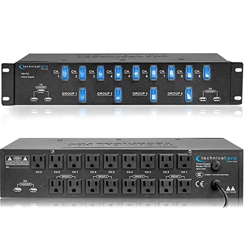 Technical Pro 1800 Watts Rack Mount 17 Outlet Power Supply Surge Protector with 5V USB Charging Ports, 13 Power switches & USB Work Light