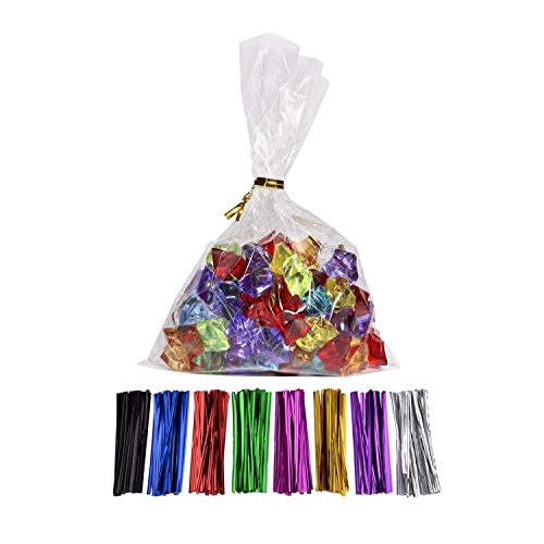 100 Pcs 7 in x 5 in(1.4mil.) Clear Flat Cello Cellophane Treat Bags Good for Bakery, Cookies, Candies,Dessert with random color Twist Ties!