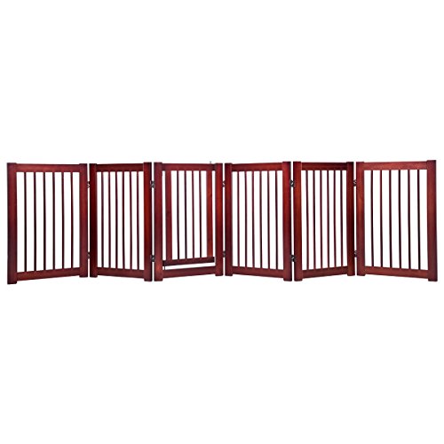Giantex Freestanding Pet Gate with Door, 30inch 6 Panels Wooden Dog Gate with Walk Through Door, Foldable Pet Safety Puppy Fence Adjustable Pen for House Doorway Stairs