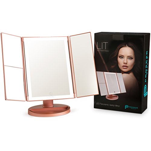 Prosper Beauty Lighted Makeup Mirror Vanity [LIT by 36 LED Lights Bright Natural Beauty Cosmetic Travel Trifold 1x/2x/3x Magnification USB Charging 180 Degree Adjustable Stand (Rose Gold)