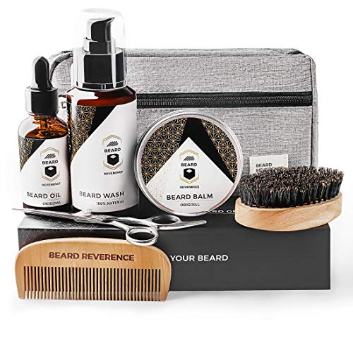 Beard Reverence Premium Beard Grooming Kit for Men Care w/Upgraded Travel Bag – All-Natural Beard Oil, Beard Balm Butter Wax, Beard Wash, Scissors, Comb, Boar Bristle Brush with Gift Set Box