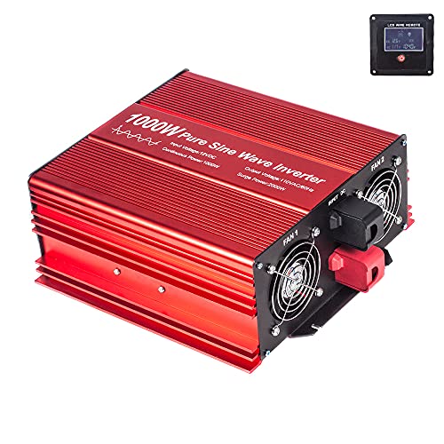 1000W Pure Sine Wave Inverter 12V to 120V AC with 2 AC outlets (IP54 ETL Approved Sockets),DC5V 2 Amp USB Output, LCD Wire Remote kit and OFC Battery Cables,Input terminals Fixing Wrench