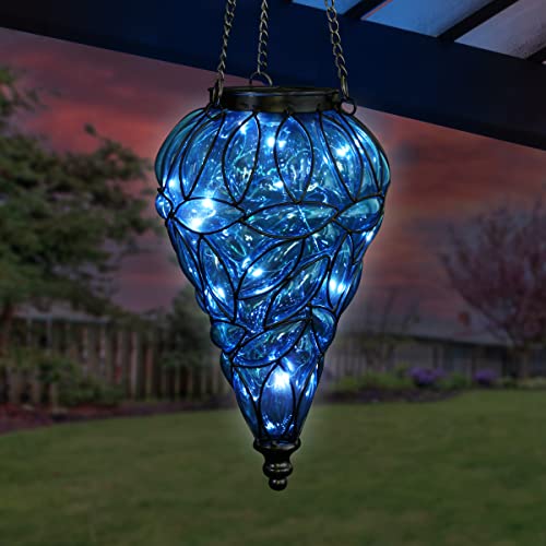 Exhart Outdoor Garden Solar Lights, Tear-Shaped Glass and Metal Hanging Lantern, 15 Firefly LED Lights, 7 x 24 Inch, Blue