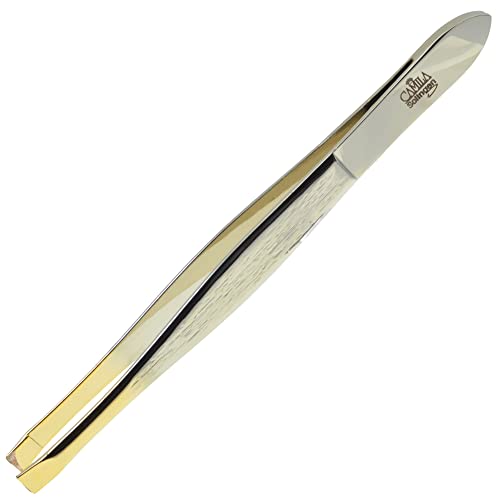 Camila Solingen CS31 3 1/2″ Gold Tipped, Surgical Grade, German Stainless Steel Tweezers (Straight) – Flawless Facial Hair and Eyebrow Shaping and Removal for Men/Women