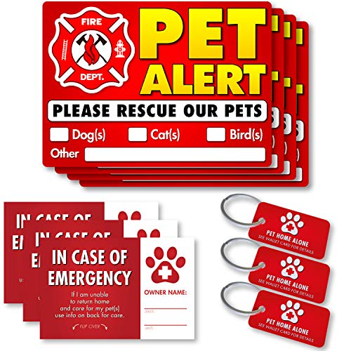 Pet Alert Stickers & Static Clings – FIRE Safety Alert and Rescue (10 Pack) – 7 mil -UV Laminated – 3 Key Tags – 3 Cards Save Your Pets encase of Emergency or Danger Pets in Home