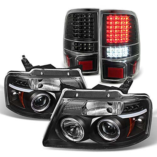 AKKON – For 2004-2008 Ford F150 F-150 Black Halo Projector LED Headlights + Full LED Tail Lights Taillamps Pair