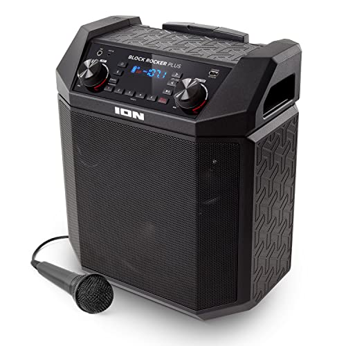 ION Block Rocker Plus – 100W Bluetooth Outdoor Speaker with Rechargeable Battery, Karaoke Microphone, Radio, Wheels, Telescopic Handle & USB Charging