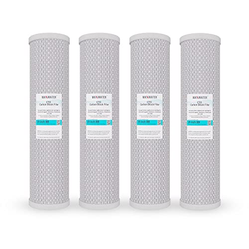 Max Water (4 Pack) CTO Filters 20″ x4.5″ Whole House Carbon Filter (5 Micron) compatible with most 20″ BB Whole House Water Filtration Systems