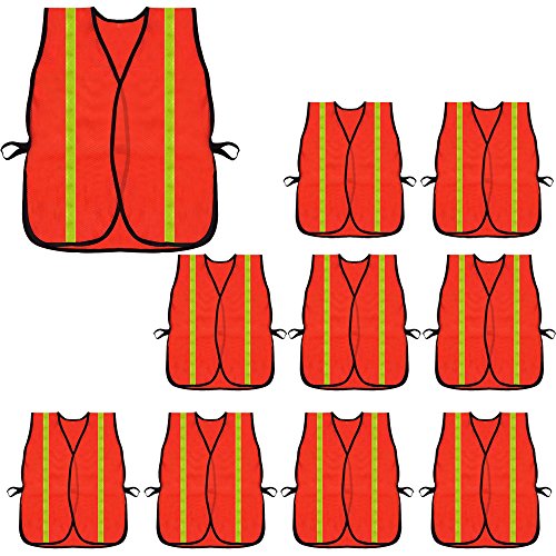 High Visibility Safety Vests 10 Packs,Adjustable Size,Lightweight Mesh Fabric, Wholesale Reflective Vest for Outdoor Works, Cycling, Jogging, Walking,Sports – Fits for Men Women (Neon Orange)