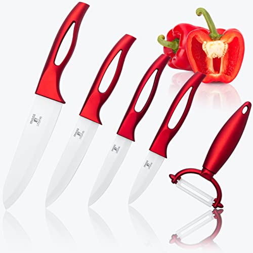 Moss & Stone Kitchen Cutlery White Ceramic Knife Set, Ceramic Knife Set and Fruit Peeler, Rust Proof & Stain Resistant, Kitchen Cooking Knife Set, 5 Pieces Red Knives