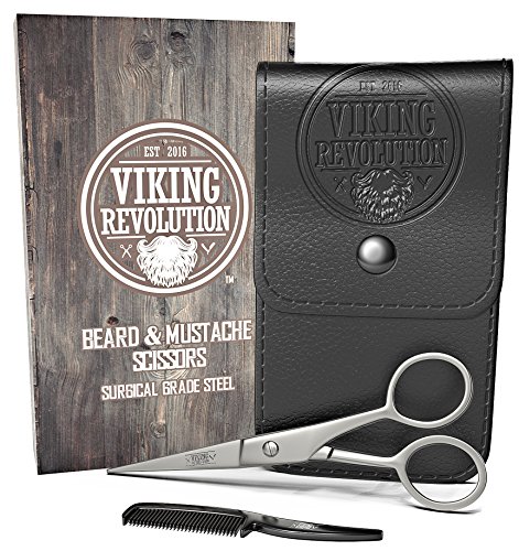 Viking Revolution – Beard and Mustache Scissors w/Comb and Synthetic Leather Case Professional Sharp Surgical Grade Steel for Trimming, Grooming, Cutting Mustache, Beards & Eyebrows Hair