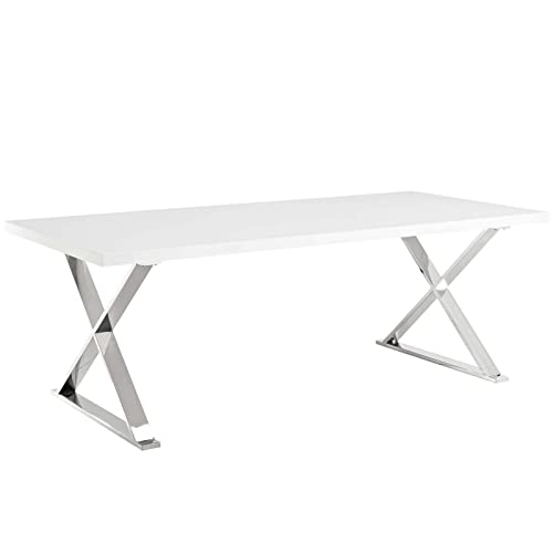 Modway Sector Modern Dining Table with Stainless Steel Metal X-Base in White Silver
