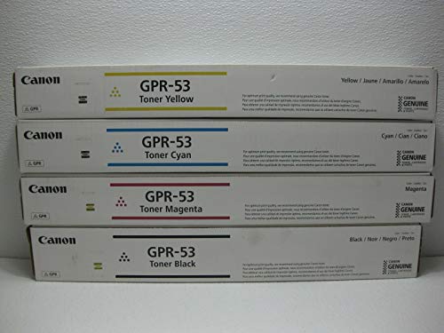 Genuine Original Canon GPR-53 Toner Cartridges Set Black Cyan Magenta Yellow for: Canon ImageRunner Advance C3325 C3330 C3525 C3530 C3025 w/ micro acetoner cloth.