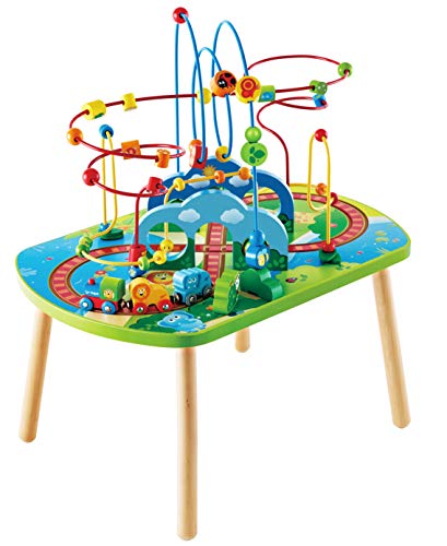 Hape E3824 Jungle Adventure Kids Toddler Wooden Bead Maze & Railway Train Track Play Table Toy for Ages 18 Months and Up Multicolor, 25.6″ L x 17.52″ W x 17.91″ H