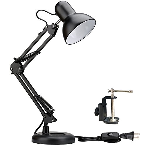 PowerKing Metal Swing Arm Desk Lamps, Adjustable and Flexible, Feading with Base and Clip 2-in-1 Function, Fit E26&E27 Bulbs Base, Application in Bedroom Living Room, Office Home (Black)