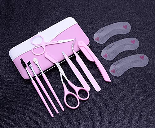 LETB Pink Color 12 Pieces Beauty Care Tools Eyebrow Trimming Kit Eyebrow Scissor&Comb Eyebrow Brush Grooming Set Tweezers and Razor Set Included Free Pink Travel Case Gifts for Girls Women