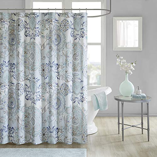 Madison Park Isla 100% Cotton Percale Shower Curtain, Floral Medallion Boho Printed Watercolor Cute Modern Home Bathroom Decor, Bathtub Privacy Screen, 72″ x 72″, Blue