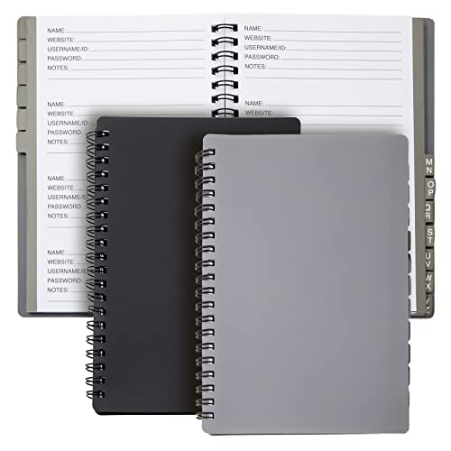 Juvale 2-Pack Spiral Password Keeper Book with Alphabetical Tabs, Password Notebook for Internet and Computer Login, Username, Passwords for Home, Office, Gray/Black (80 Lined Pages, 6×7 in)