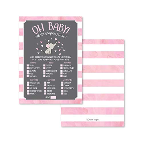25 Pink Elephant What’s In Your Purse Baby Shower Game, Funny Idea Coed Couples Game For Baby Party, Fun Woodland Themed Bundle Pack of Cards To Play at Boy or Girl Gender Decoration and Supplies