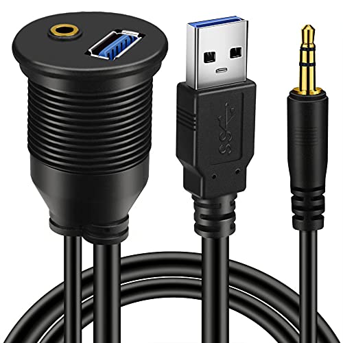 BATIGE USB 3.0 & 3.5mm Car Mount Flush Cable 3.5mm + USB3.0 AUX Extension Dash Panel Waterproof Mount Cable for Car Boat and Motorcycle (6ft)