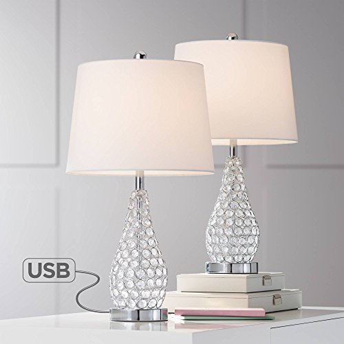 360 Lighting Sergio Modern Accent Table Lamps Set of 2 23 1/2″ High with USB Charging Port Chrome Clear Acrylic White Drum Shade for Bedroom Living Room House Desk Bedside Nightstand Office