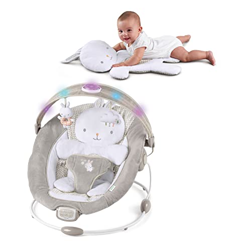 Ingenuity InLighten Baby Bouncer Infant Seat with Light Up Toy Bar, Vibrations, Tummy Time Pillow & Sounds, 0-6 Months Up to 20 lbs (Twinkle Tails Bunny)