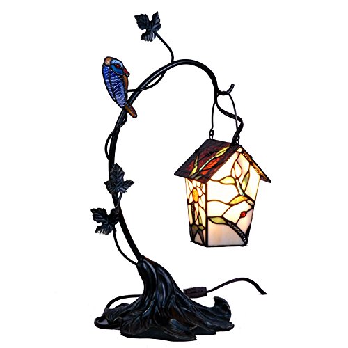 Bieye L10617 Birdhouse Hang on Branch Tiffany Style Stained Glass Accent Table Lamp, Night Light, 21 inch High