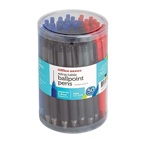 Office Depot® Retractable Ballpoint Pens With Grips, Medium Point, 1.0 mm, Black/Blue/Red Barrels, Black/Blue/Red Inks, Pack Of 50