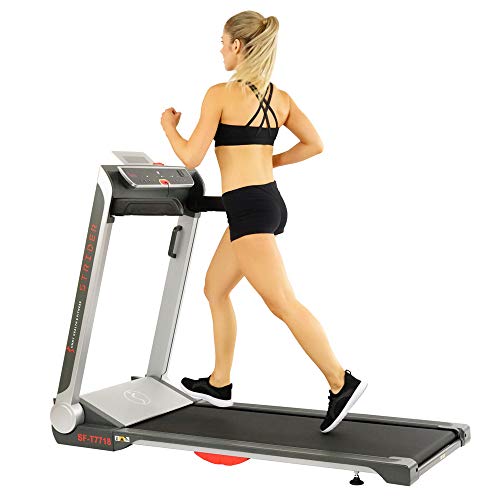 Sunny Health & Fitness No Assembly Motorized Folding Running Treadmill, 20″ Wide Belt, Flat Folding & Low Profile for Portability with Speakers for USB and AUX Audio Connection – Strider, SF-T7718