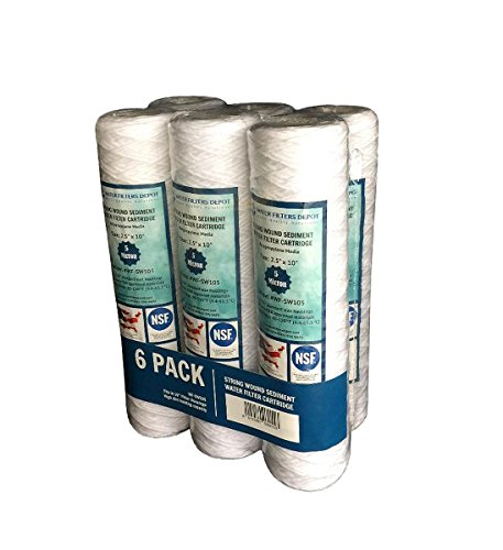 WF-SW105 2.5-inch x 10-inch String Wound Sediment Water Filter Cartridge, fits in 10-inch standard size housings of undersink RO or filtration systems (6 Pack, 5 Micron)