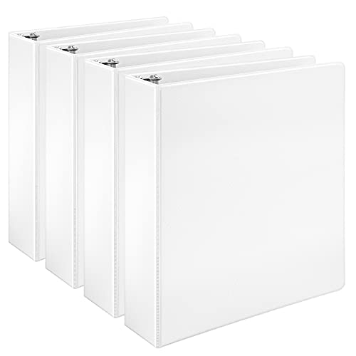 Amazon Basics 3 Ring Binder with 2 Inch D-Ring and Clear Overlay, White, 4-Pack
