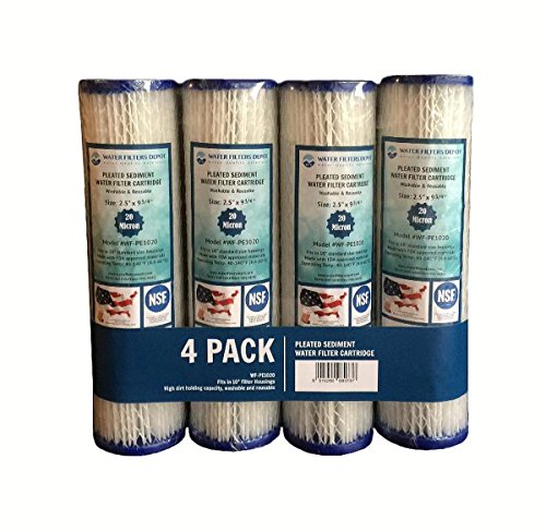 WFD, WF-PE1020 2.5″x9-3/4″ 20 Micron Pleated Sediment Water Filter Cartridge, Fits in 10″ Standard Size Housings of Undersink RO or Filtration Systems (4 Pack, 20 Micron)