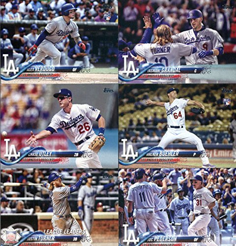 2018 Topps Los Angeles Dodgers Team Set of 17 Baseball Cards (Series 1): Clayton Kershaw(#2), Logan Forsythe(#35), Cody Bellinger(#42), Clayton Kershaw(#59), Alex Wood(#65), Yasiel Puig(#89), Justin Turner(#108), Cody Bellinger(#114), Rich Hill(#121), Jul