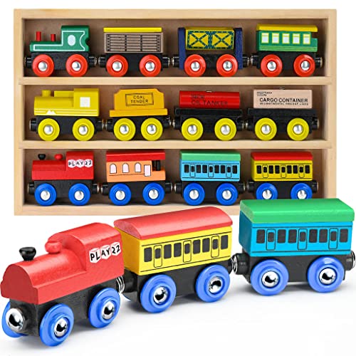 Wooden Train Set 12 PCS – Train Toys Magnetic Set Includes 3 Engines – Toy Train Sets For Kids Toddler Boys And Girls – Compatible With All Major Brands – Original – By Play22