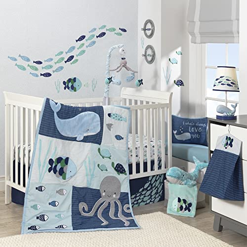 Lambs & Ivy Oceania 6-Piece Baby Crib Bedding Set – Blue Ocean, Nautical, Aquatic, Whale, Octopus Theme
