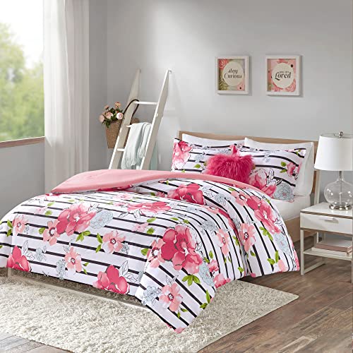 Comfort Spaces Zoe Comforter Set Printed Striped Floral Design with Faux Long Fur Decorative Pillow Bedding, Pink, Full/Queen, 4 Piece