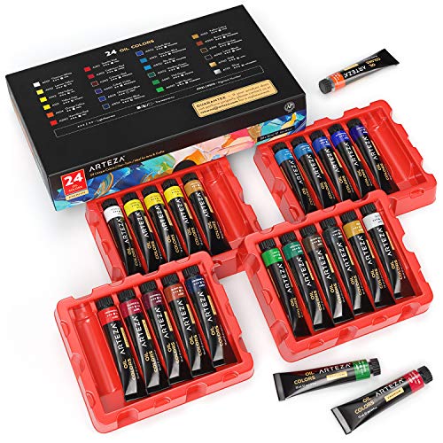 Arteza Oil Paint Set, 24 Colors, 12ml, 0.4 US fl oz Tubes, Richly Pigmented Oil Paints for Canvas Painting, Art Set for Beginners and Professional Artists
