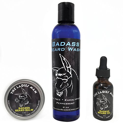 Badass Beard Care Badass Beard Wash, Beard Oil, and Beard Balm Combo for Men – Natural Ingredients, Keeps Beard and Mustache Full, Soft and Healthy, Reduce Itchy, Flaky Skin, Promote Healthy Growth