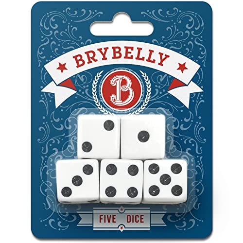Classic White Game Dice for Playing Board Games and Card Games, 5-Pack Set – 16mm Regular Pipped Six-Sided Dice by Brybelly